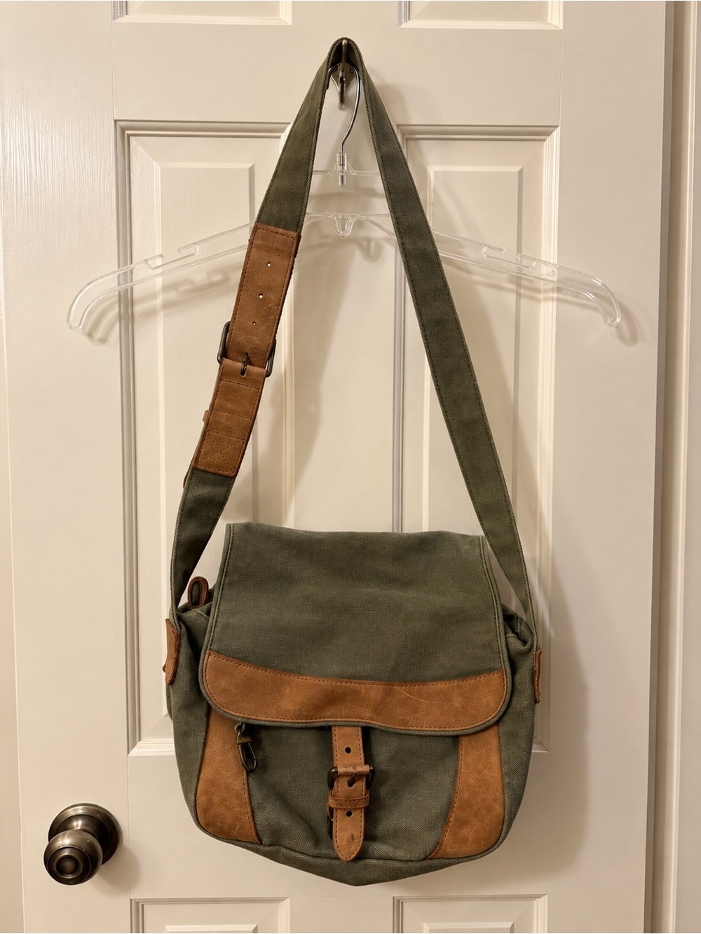 L. L. Bean Olive Canvas Messenger Bag with Brown Leather Trim
